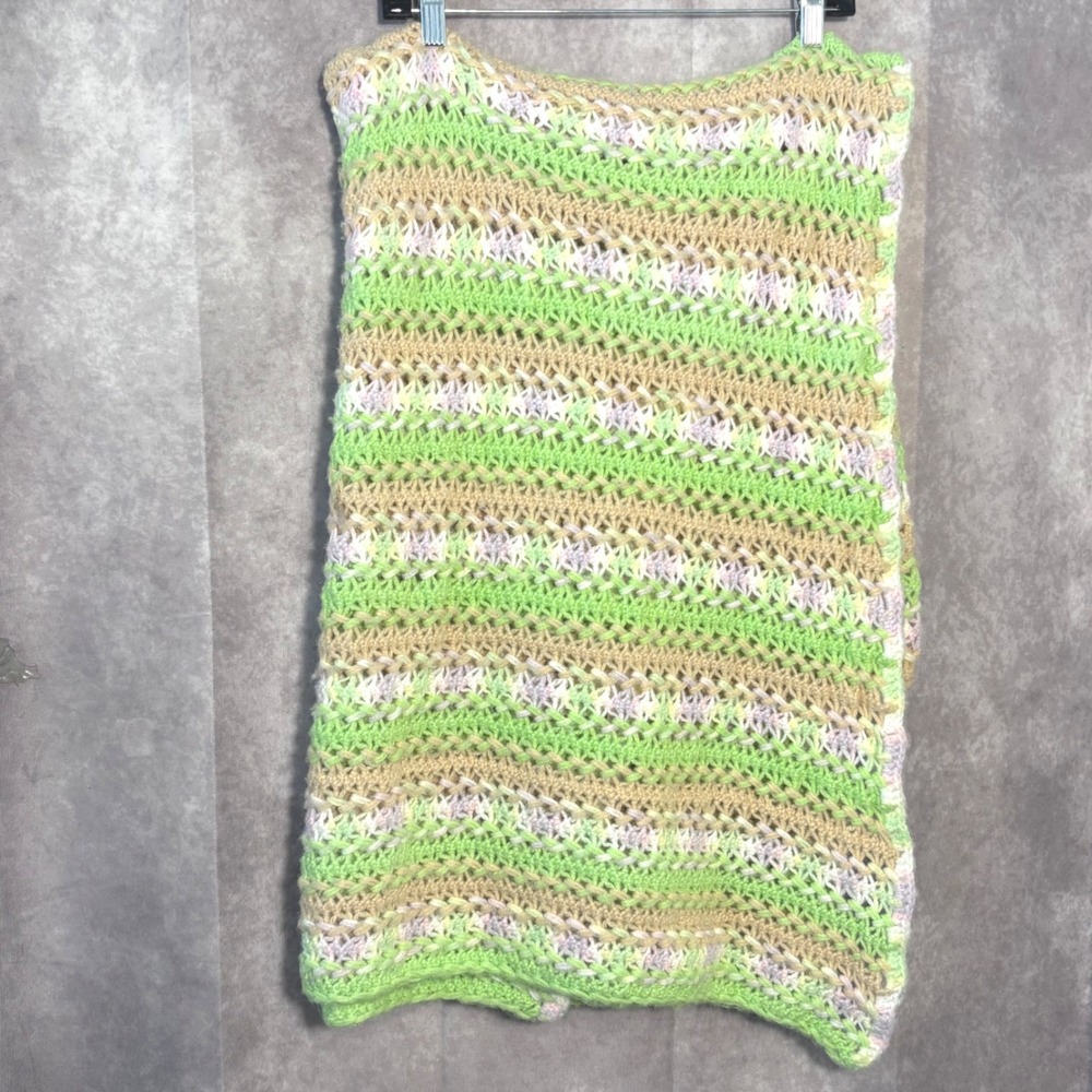 Vintage 1980s Handmade Crochet Blanket Green Purple Tan 110x76 Softt